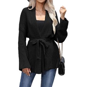 Womens Open Front Cardigan Long Sleeve Shrugs Loose Casual Solid Belted Knit Draped Sweater Outwear