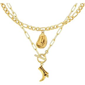 Cowgirl Hat Boots Pendant Gold Necklace for Women, Chunky Chain Western Jewelry