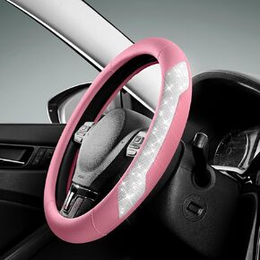 PIC AUTO Steering Wheel Cover, Sparkly Crystal Bling Glitter with Black Leather, Universal14.5-15" Car Steering Wheels for Girls & Women, Breathable Anti-Slip Steering Wheels Accessories