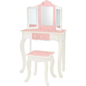 Teamson Kids Princess Gisele Starry Sky Print 2-Piece Kids Wooden Play Vanity Set with Vanity Table, Tri-Fold Mirror, Storage Drawer, and Matching Stool, White with Iridescent and Stars Accent