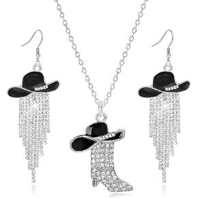 Wcrazye 3pcs Boots Boots Necklace Netclace for Women Bohemian Cowbirl Cowboy Rodeo Hat أقراط Rhinestone Boots Netclace Netclace
