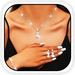 Aukmla Rhinestones Bridal Wedding Jewelry Set Silver Sparkly Crystal Necklace Earrings Bracelet Sets Prom Jewelry for Women and Brides