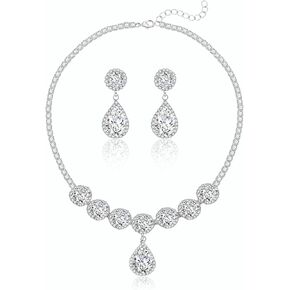 AMYJANE Wedding Jewelry Set for Women Bridal Crystal Teardrop Necklace Earrings Set for Brides Bridesmaids Cubic Zirconia Rhinestone Fashion Necklace Dangle Earrings Jewellery Set for Prom Party