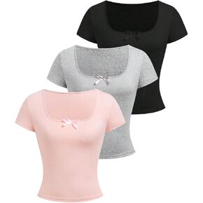 Girl's 3 Packs Bowknot Cute T Shirt Scoop Neck Short Sleeve Fitted Summer Tops Basic Tees in Saudi Arabia