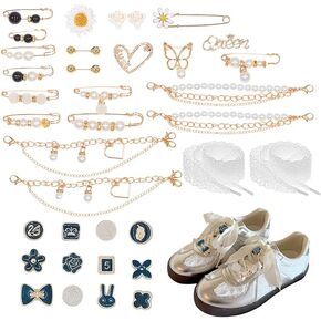 36PCS shoe charms for sneakers, DIY Ribbon Shoe Laces Women Sneakers Shoe Accessories, Include Ribbon Shoelaces/Bows/Clips/Pins for Teen Women