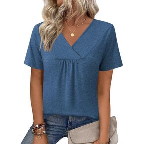 Rapbin Womens Short Sleeve Tunic Tops Dressy V Neck T Shirts Loose Fit Summer Pleated Blouses