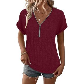 Koscacy Womens Tops Short Sleeve Zipper Tshirts Blouses Ladies Knit Solid Casual Spring Summer Tunic S-XXL in Kuwait