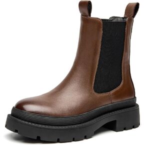 أحذية BeauToday النسائية المصنوعة من الجلد ونعل تشيلسي للكاحل ومقدمة مستديرة سهلة الارتداء أحذية مرنة باللون القهوة 9 in Kuwait