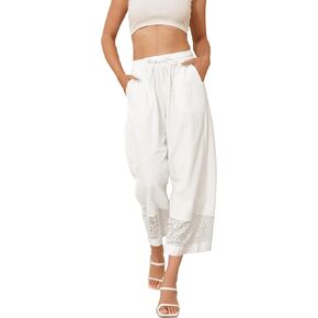 Fancysters Womens Linen Capri Pants Wide Leg High Waisted Palazzo Flowy Casual Loose Beach Summer Pants with Pockets