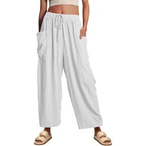 Utcoco Womens Baggy Linen Pants عرضة سراويل حريم الساق على عريض الساق مع جيب