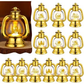 ROCEEI 12 Pcs Ramadan Eid Lantern Mini Gold Lanterns Decorative with LED Candles Small Eid Mubarak Lantern Decor Vintage Hanging Lantern Lights for Home Table Centerpiece Eid Mubarak Party Gift