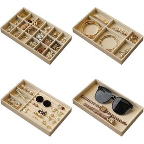 ML Velvet Jewelry Tray Set, 4 Pieces, Multi-Compartment Storage for Rings, Earrings, Necklaces, Watches, Jewellery Organizer, Beige