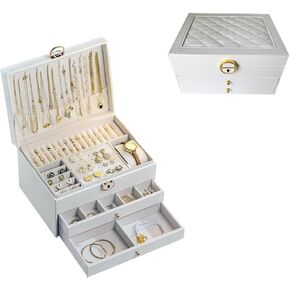 ML Luxury Jewelry Box منظم مع درجتين ، تصميم مبطن ، حالة تخزين كبيرة مع قفل لحلقات القلادات الساعات
