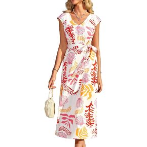 Grace Karin Women's Summer Summer Dress v Neck Ocloress Cap Floral Cape Slvee Split Sould Bulted Maxi Sundressies مع جيوب