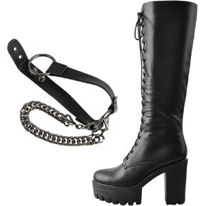 Lishan Boots for Women ، Lace Up Platform Chunky High Heel Careed Combat Combat Knee High Boots