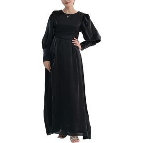 Hanimeli Women's Organza Abaya Evening Gown with Corset Detail Long Puff Sleeves Maxi Dress Special Occasions Wedding Prom in Kuwait