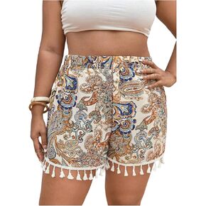 نساء زائد الحجم paisley print Shorts Boho شرابة تنحن