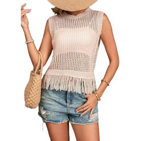Makemechic Women's Fringe Crochet Sheer Tank Tops Crew Neck Sight Sweater Sweater