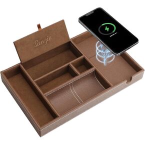 SANZIE Leather Tray with Wireless Charger - Nightstand Organizer for Phone, Wallet, Keys, Sunglasses, Watches, Jewelry, and More (Black, Large)