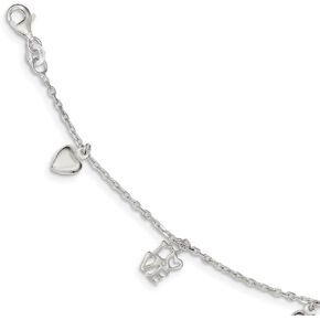 Solid 925 Sterling Silver Heart & Love Pendant Charm Bracelet - with Secure Lobster Lock Clasp (7mm)
