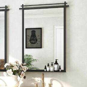 Chende Black Wall Mirror for Decor with Metal Shelf, Large Bathroom Mirror with Metal Frame, 29" x 39" Rectangular Decorative Mirror for Living Room