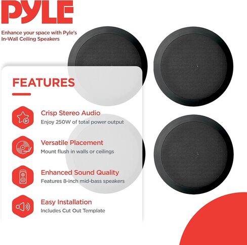 4) جديد Pyle PDIC81RDBK 250 وات 8 بوصة مكبرات صوت سوداء مدمجة في الحائط وفي السقف وأربعة مكبرات صوت in Saudi Arabia