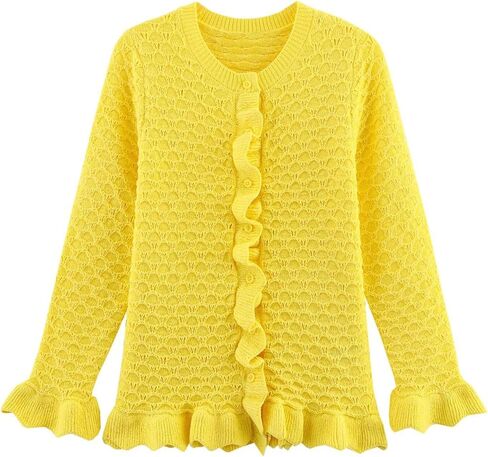 FindThy Women’s Crochet Cardigan Sweater Trendy Crewneck Ruffle Long Sleeve Button Down Crop Knitwear Tops in Saudi Arabia