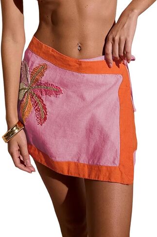 Huaqiao Women's Embroidered Wrap Mini Skirt Summer Cotton Linen Tie Side High Waist A Line Beach Boho Short Skirt in Kuwait