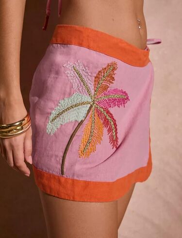 Huaqiao Women's Embroidered Wrap Mini Skirt Summer Cotton Linen Tie Side High Waist A Line Beach Boho Short Skirt in Kuwait