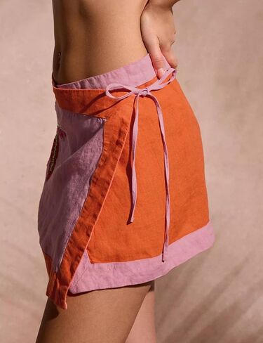 Huaqiao Women's Embroidered Wrap Mini Skirt Summer Cotton Linen Tie Side High Waist A Line Beach Boho Short Skirt in Kuwait