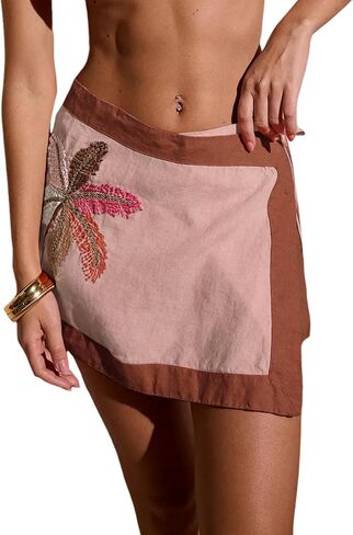 Huaqiao Women's Embroidered Wrap Mini Skirt Summer Cotton Linen Tie Side High Waist A Line Beach Boho Short Skirt in Kuwait