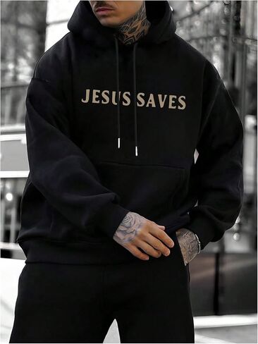 COZYEASE Men's Letter Graphic Pullover Hoodie Long Sleeve Drawstring Hooded Sweatshirts Streetwear with Pocket in Saudi Arabia