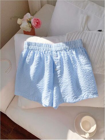 MakeMeChic Women's Striped Elastic Waist Shorts Button Front Summer Shorts in Kuwait