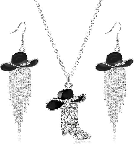 WCRAZYE 3PCS Western Boots Earrings Necklace Sets for Women Bohemian Cowgirl Cowboy Rodeo Hat Earrings Rhinestone Western Boots Necklace in Saudi Arabia