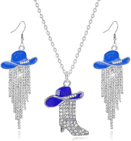 WCRAZYE 3PCS Western Boots Earrings Necklace Sets for Women Bohemian Cowgirl Cowboy Rodeo Hat Earrings Rhinestone Western Boots Necklace in Saudi Arabia