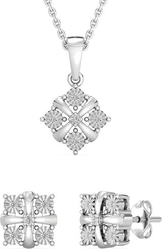 GILDED 1/10 CTTW Lab-Grown Diamond Necklace & Earring Set, Sterling Silver or 14K Gold-Plated, 18" Chain, Tarnish-Resistant, Elegant & Ethical Jewelry for Women, Gift-Boxed, Perfect for Gifting in Saudi Arabia
