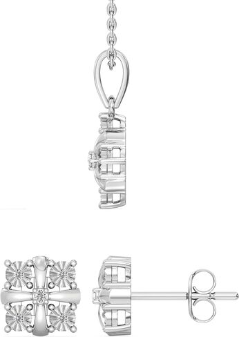 GILDED 1/10 CTTW Lab-Grown Diamond Necklace & Earring Set, Sterling Silver or 14K Gold-Plated, 18" Chain, Tarnish-Resistant, Elegant & Ethical Jewelry for Women, Gift-Boxed, Perfect for Gifting in Saudi Arabia
