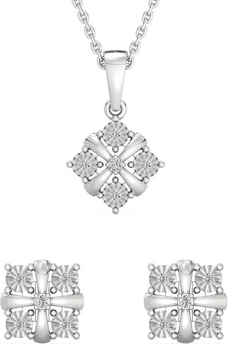 GILDED 1/10 CTTW Lab-Grown Diamond Necklace & Earring Set, Sterling Silver or 14K Gold-Plated, 18" Chain, Tarnish-Resistant, Elegant & Ethical Jewelry for Women, Gift-Boxed, Perfect for Gifting in Saudi Arabia