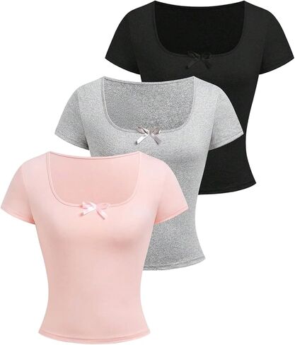 Girl's 3 Packs Bowknot Cute T Shirt Scoop Neck Short Sleeve Fitted Summer Tops Basic Tees in Saudi Arabia