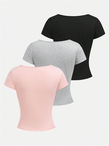 Girl's 3 Packs Bowknot Cute T Shirt Scoop Neck Short Sleeve Fitted Summer Tops Basic Tees in Saudi Arabia
