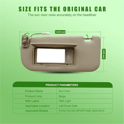 Sun Visor with Mirror Fit for KIA SPORTAGE 2.0L & 2.7L 2005-2010 Replace 85201 1F210LX, 85201-1F201LX, 85201-1F201-LX (Left Driver Beige(with Light)) in Kuwait