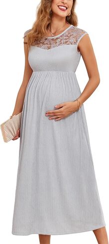 Maternity Dress with Lace Trim Sleeveless A Line Crew Neck Midi Pregnancy Dresses Baby Shower Photoshoot Casual in Kuwait