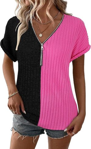 Koscacy Womens Tops Short Sleeve Zipper Tshirts Blouses Ladies Knit Solid Casual Spring Summer Tunic S-XXL in Kuwait