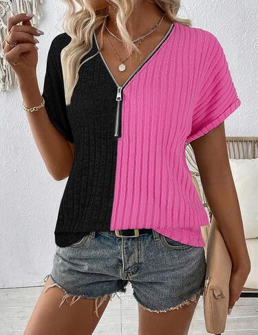Koscacy Womens Tops Short Sleeve Zipper Tshirts Blouses Ladies Knit Solid Casual Spring Summer Tunic S-XXL in Kuwait