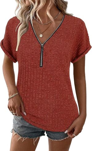 Koscacy Womens Tops Short Sleeve Zipper Tshirts Blouses Ladies Knit Solid Casual Spring Summer Tunic S-XXL in Kuwait