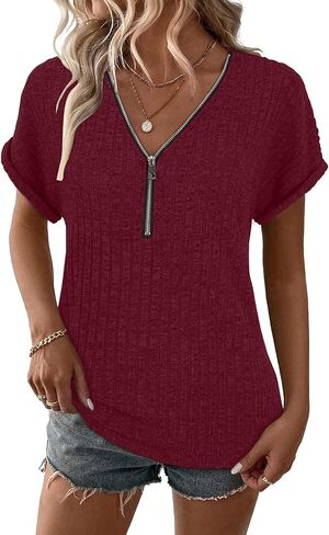 Koscacy Womens Tops Short Sleeve Zipper Tshirts Blouses Ladies Knit Solid Casual Spring Summer Tunic S-XXL in Kuwait