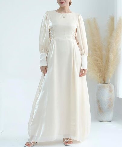 Hanimeli Women's Organza Abaya Evening Gown with Corset Detail Long Puff Sleeves Maxi Dress Special Occasions Wedding Prom in Saudi Arabia