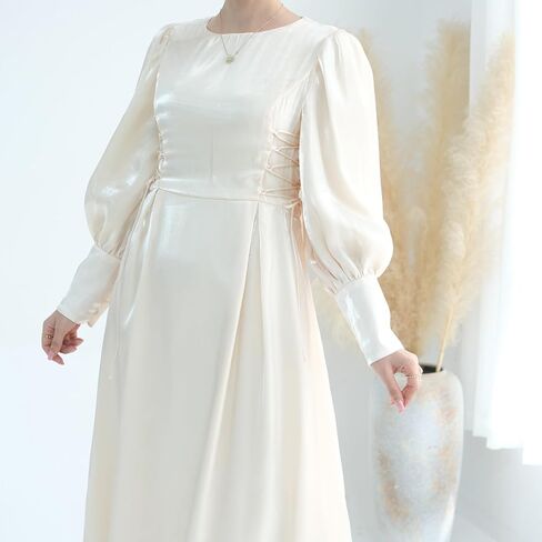 Hanimeli Women's Organza Abaya Evening Gown with Corset Detail Long Puff Sleeves Maxi Dress Special Occasions Wedding Prom in Saudi Arabia