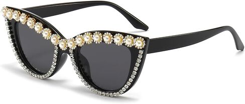 LJCZKA Diamond Cat نظارة شمسية نساء رينستون مرصع بالجواهر نظارات شمس التألق الكريستال اللؤلؤة الفاخرة in Kuwait