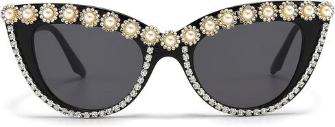 LJCZKA Diamond Cat نظارة شمسية نساء رينستون مرصع بالجواهر نظارات شمس التألق الكريستال اللؤلؤة الفاخرة in Kuwait